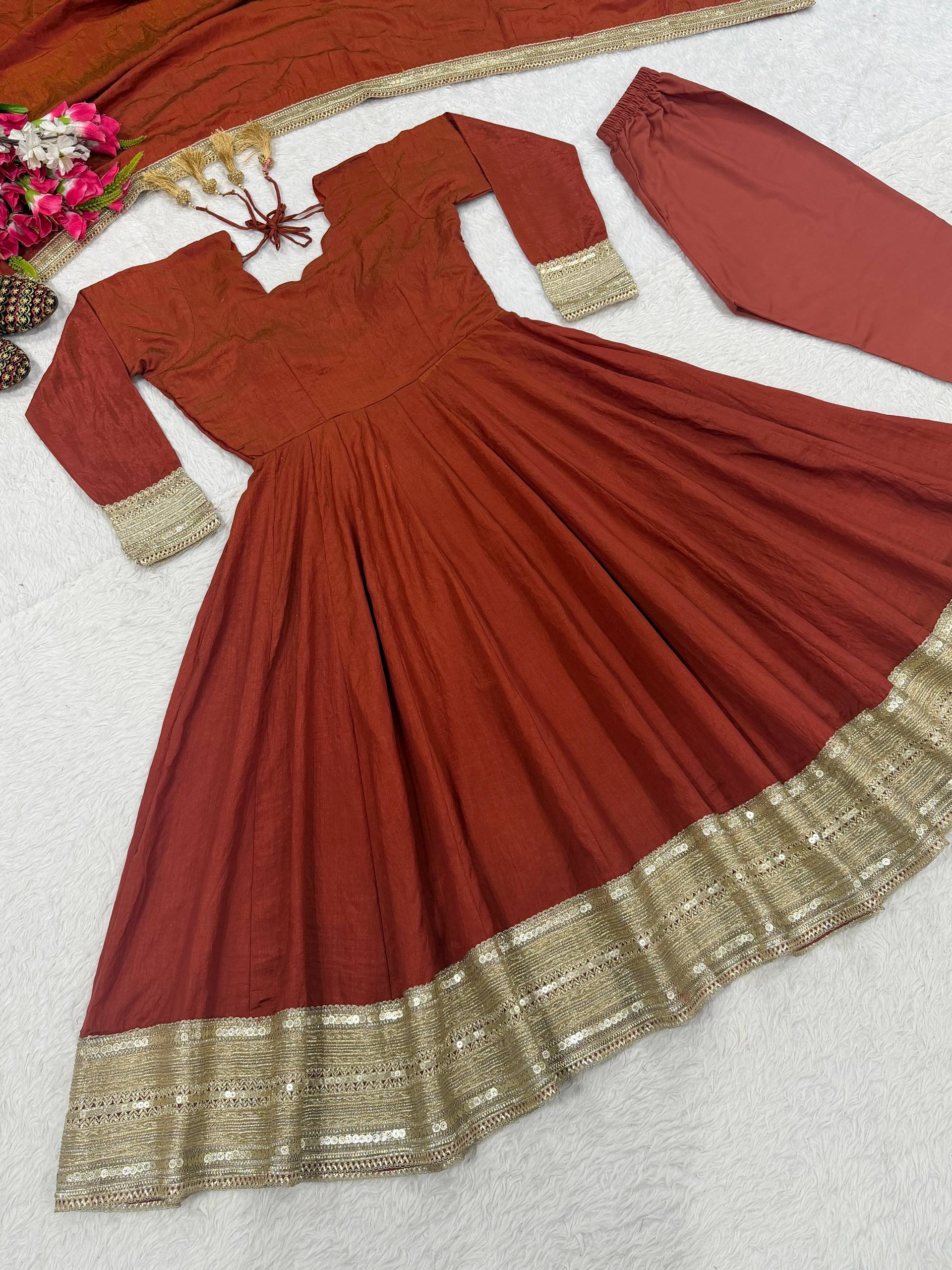Regal Rust Orange Flared Anarkali Suit Set Featuring Ornate Gold Sequined Borders, a Scalloped Neckline, and an Elegant Tie-Up Back